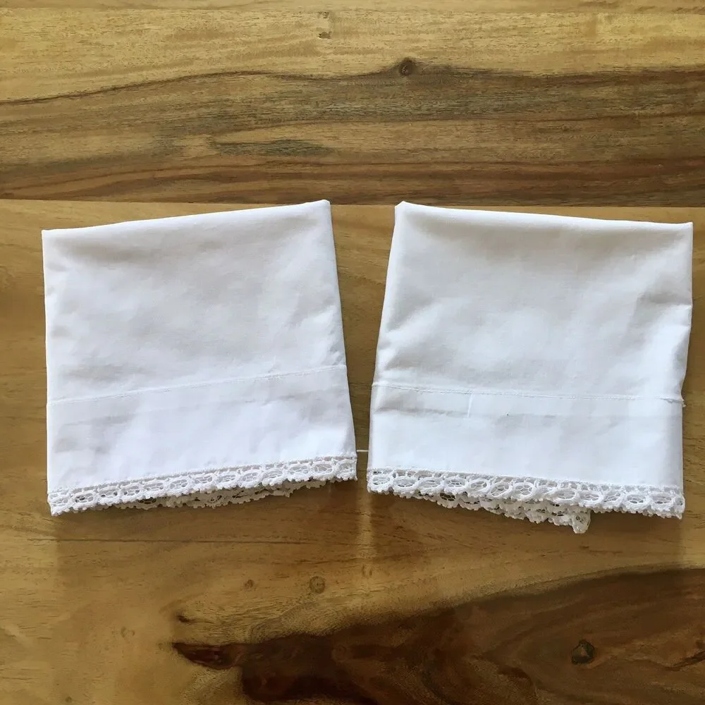 Vintage White Pillow Case set with Crocheted lace edges